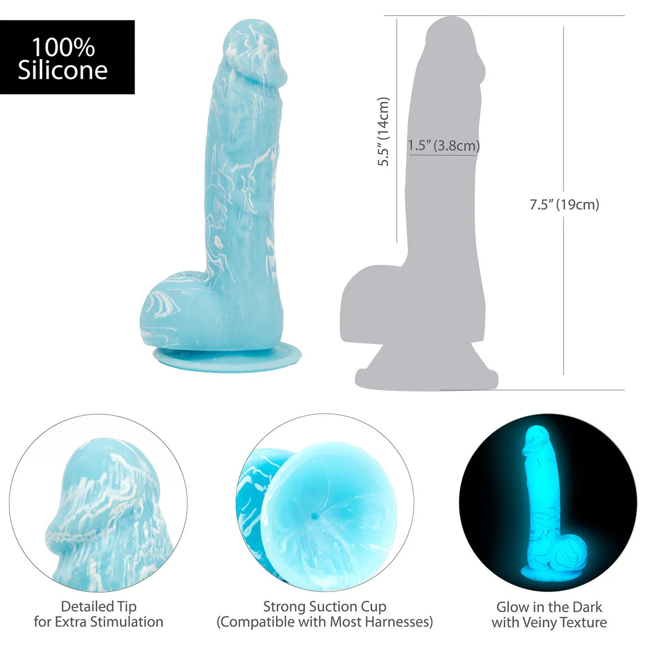 Addiction - Luke 7.5" Glow In The Dark Silicone Suction Cup Dildo With Balls - Blue - Image 6