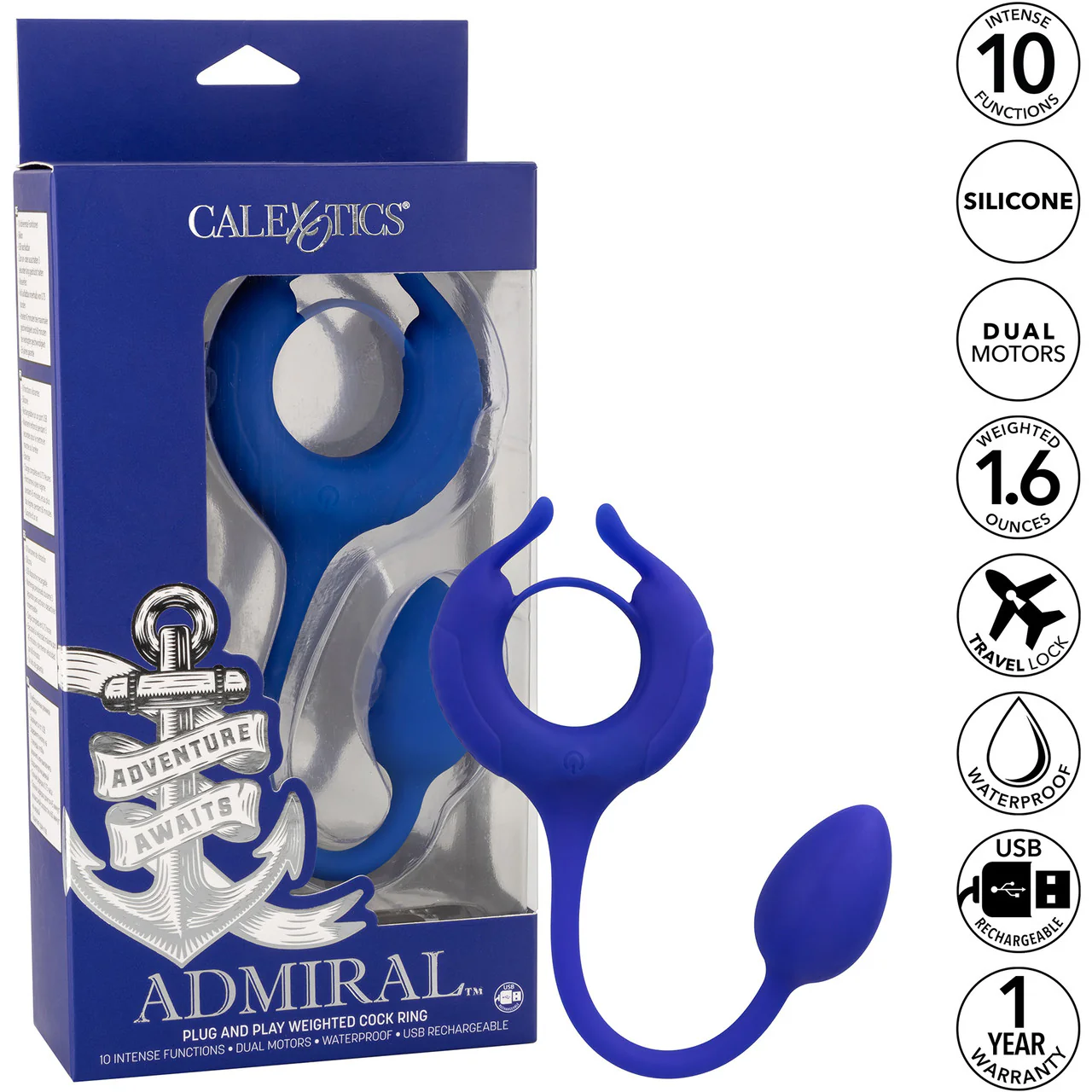 Admiral Plug And Play Weighted Silicone Vibrating Cock Ring By CalExotics - Blue - Image 13