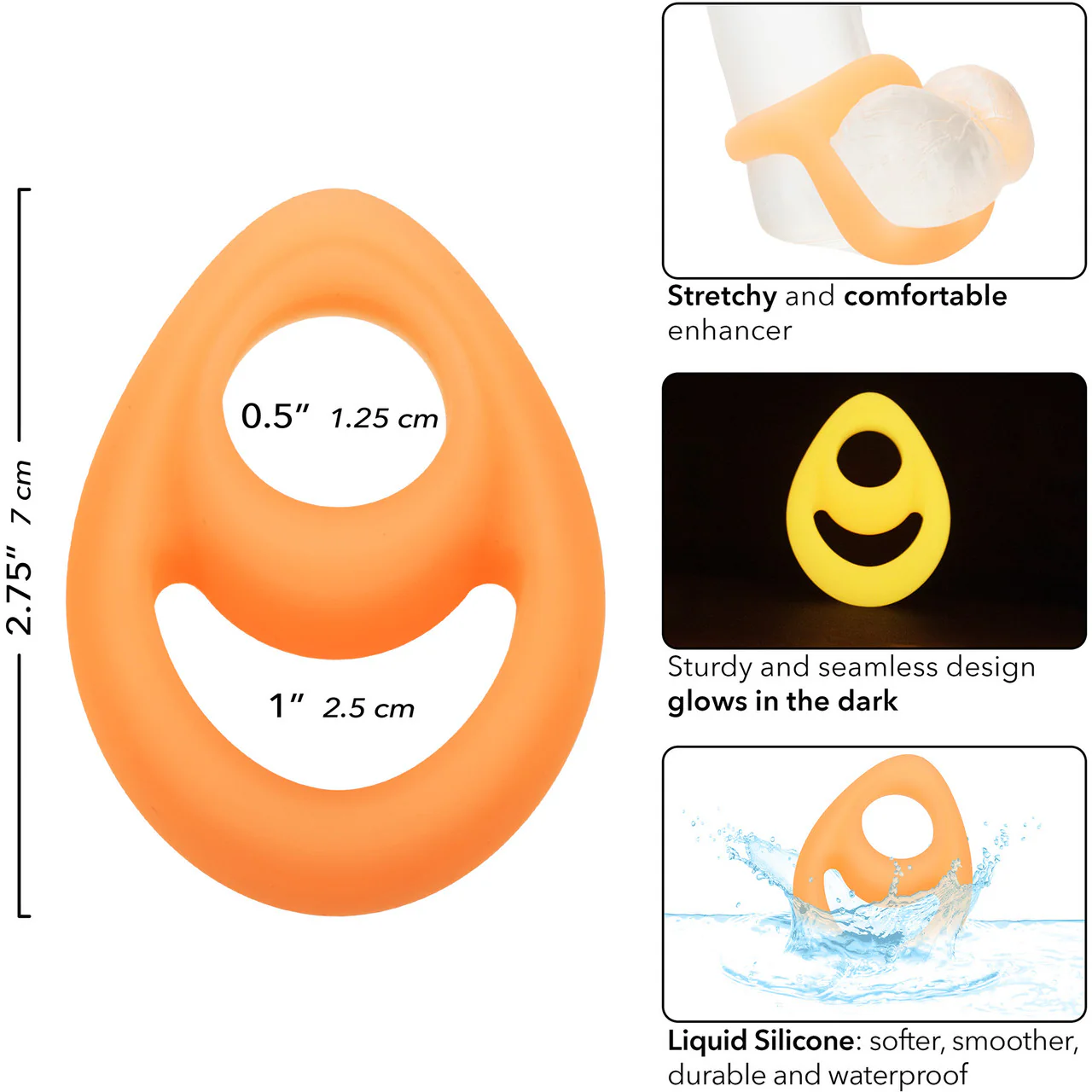 Alpha Glow In The Dark Liquid Silicone Teardrop Dual Cock Ring By CalExotics - Orange - Image 5