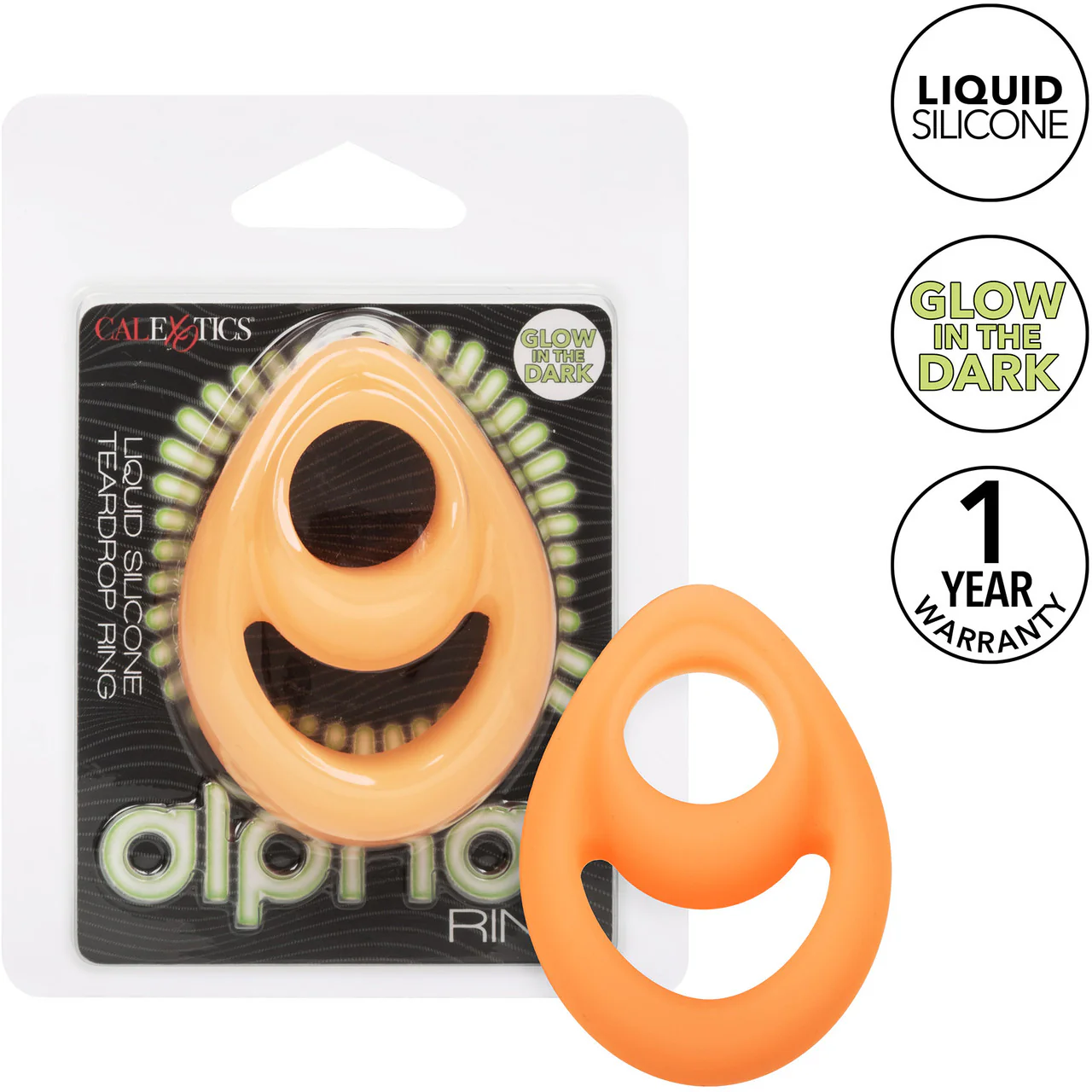 Alpha Glow In The Dark Liquid Silicone Teardrop Dual Cock Ring By CalExotics - Orange - Image 6