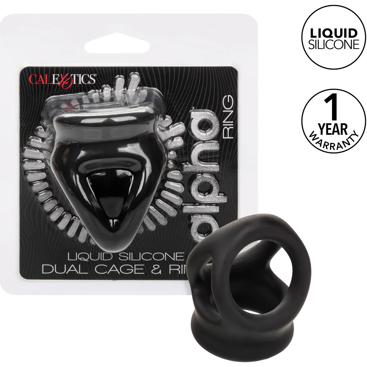 Alpha Liquid Silicone Dual Cage & Cock Ring By CalExotics - Black - Image 9