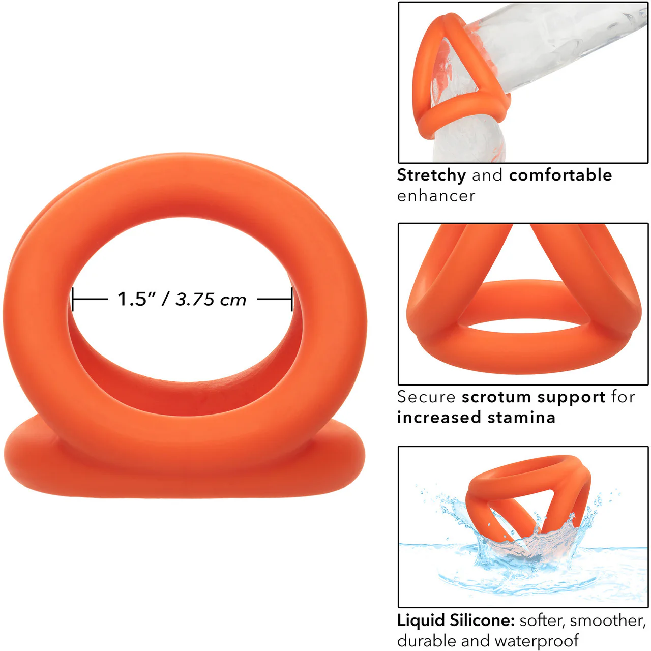 Alpha Liquid Silicone Tri-Ring Cock Ring By CalExotics - Orange - Image 10