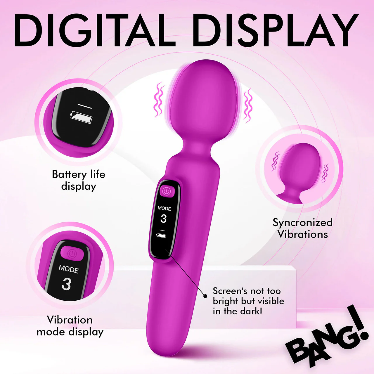 BANG! Digital Display Rechargeable Waterproof Silicone Wand Style Vibrator - Purple - Image 9