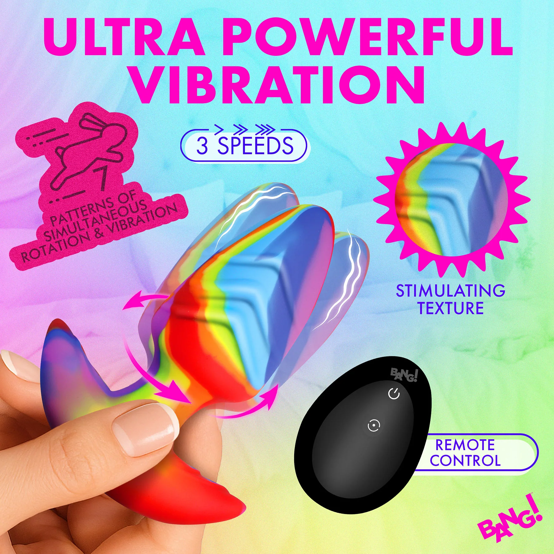 BANG! Rainbow Rotating & Vibrating Silicone Butt Plug With Remote - Image 5