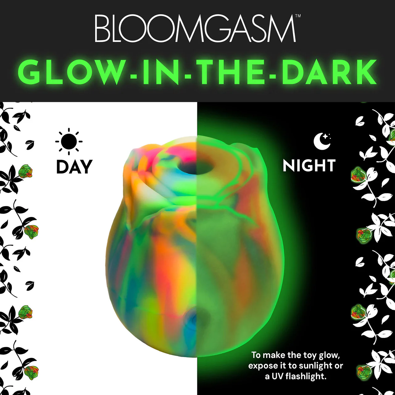 Bloomgasm Glow Rose Glow In The Dark Rechargeable Clitoral Pressure Wave Stimulator - Rainbow - Image 5