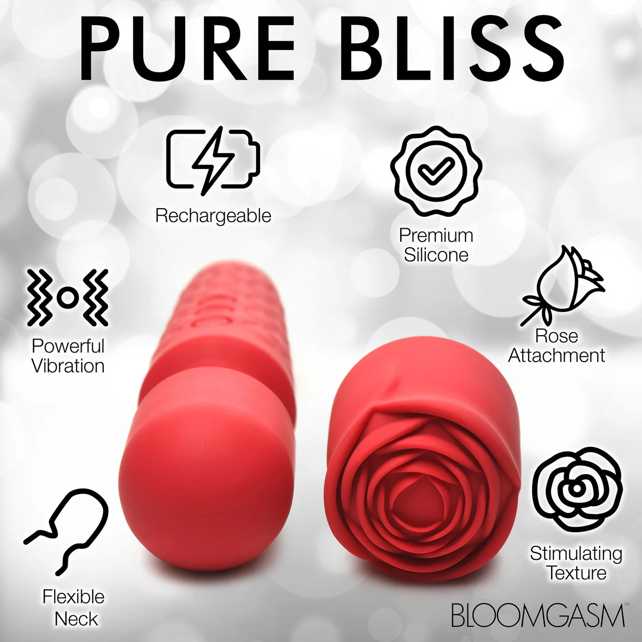 Bloomgasm Pleasure Rose 10X Rechargeable Silicone Wand Vibrator With Rose Attachment - Red - Image 14