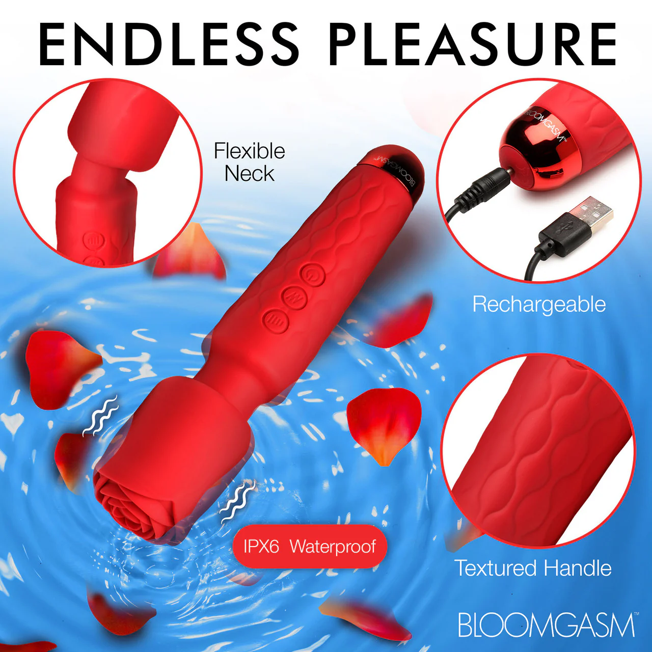 Bloomgasm Pleasure Rose 10X Rechargeable Silicone Wand Vibrator With Rose Attachment - Red - Image 16