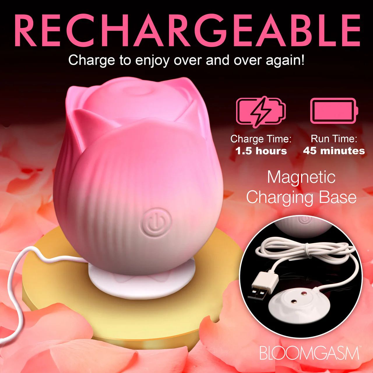 Bloomgasm Pulsing Petals Throbbing Rose Stimulator Rechargeable Clitoral Vibrator - Pink & White - Image 13