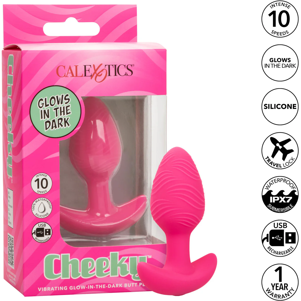 Cheeky Glow In The Dark Rechargeable Silicone Vibrating Butt Plug By CalExotics - Pink - Image 9
