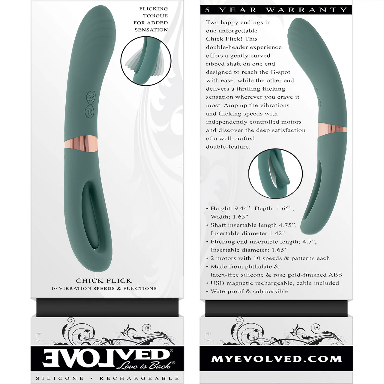 Chick Flick Waterproof Silicone Dual Ended Flickering Tongue G-Spot Vibrator By Evolved Novelties - Green - Image 12