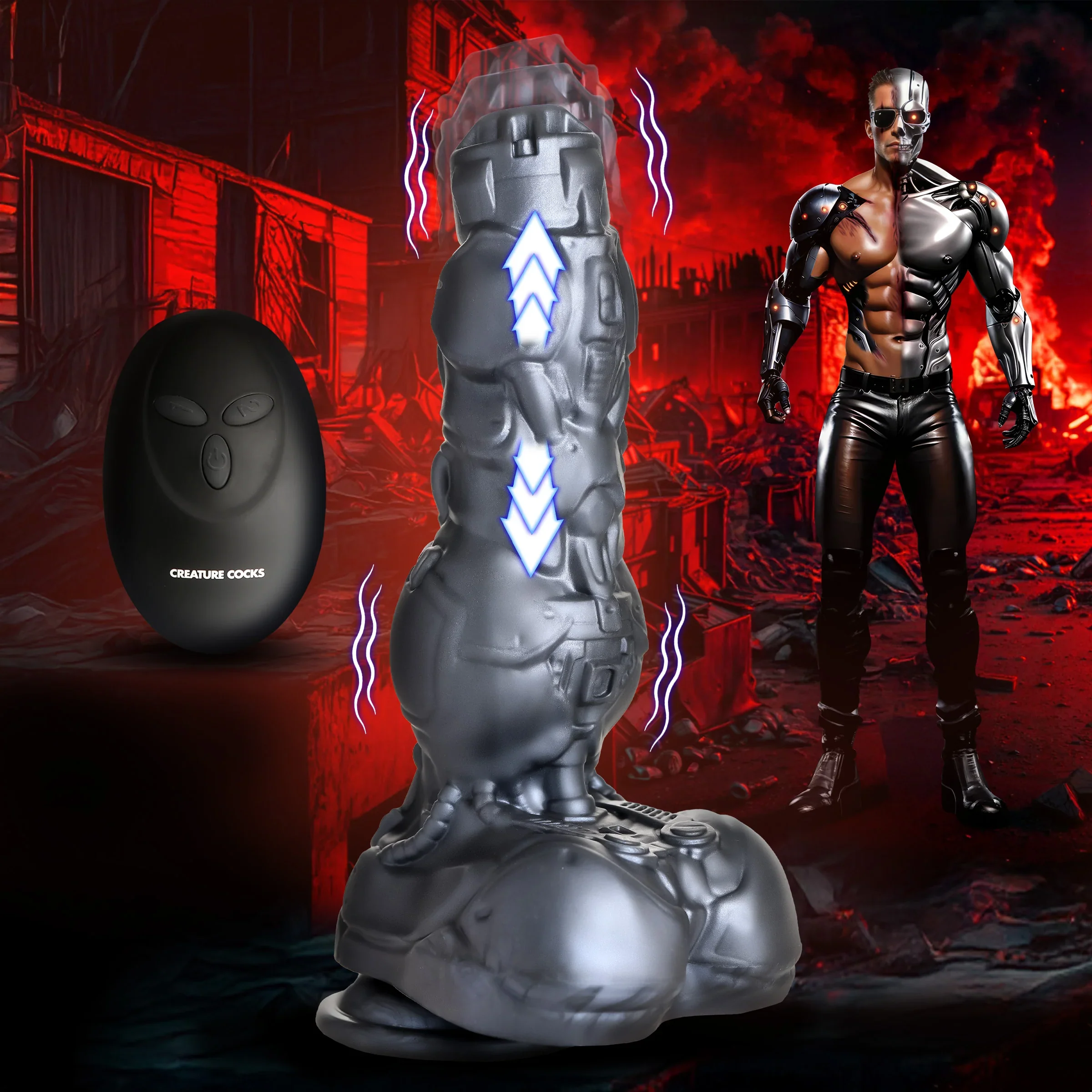 Cyborg 8.8" Thrusting & Vibrating Silicone Suction Cup Dildo With Remote By Creature Cocks - Image 6