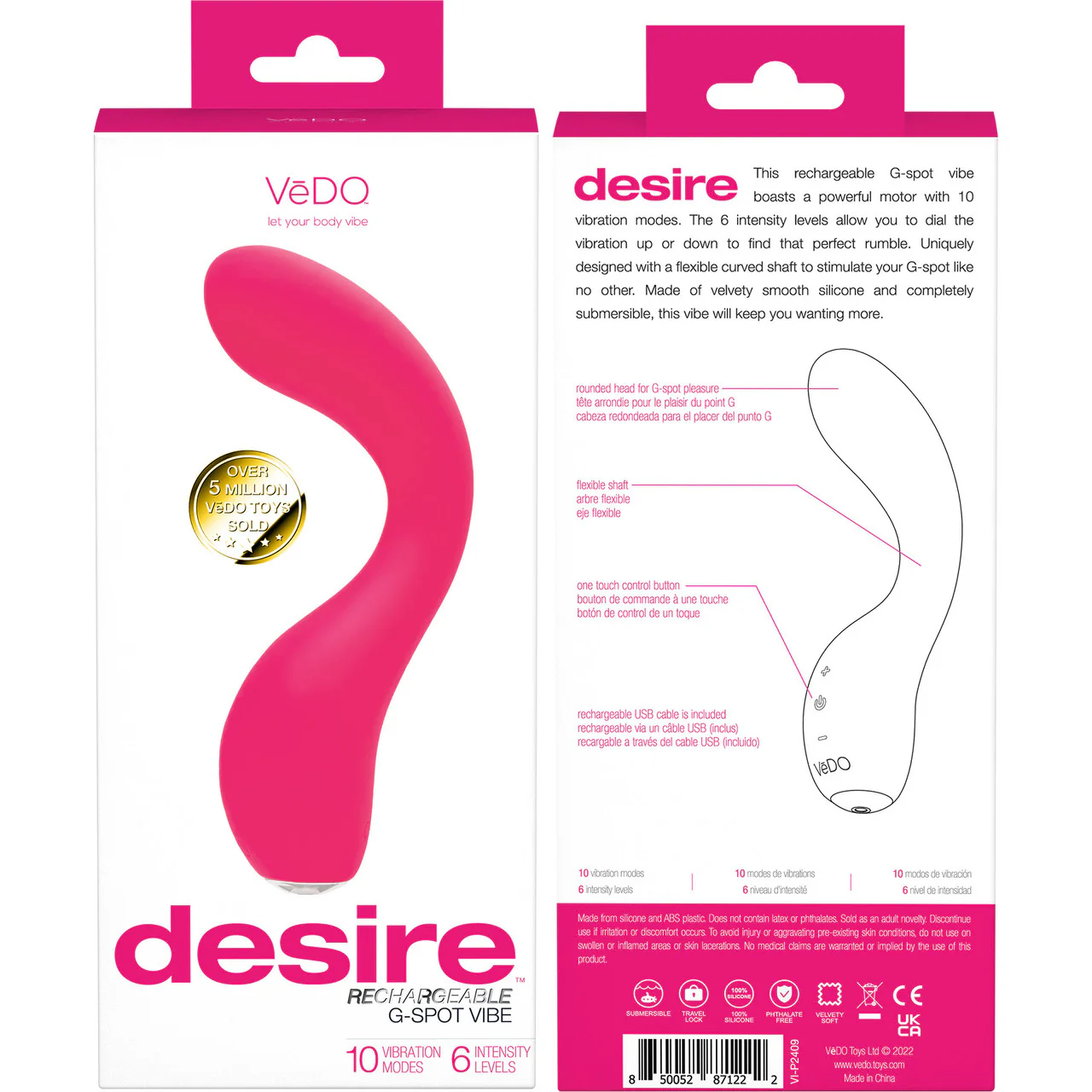 DESIRE Rechargeable Waterproof Silicone Flexible G-Spot Vibrator By VeDO - Pink - Image 4