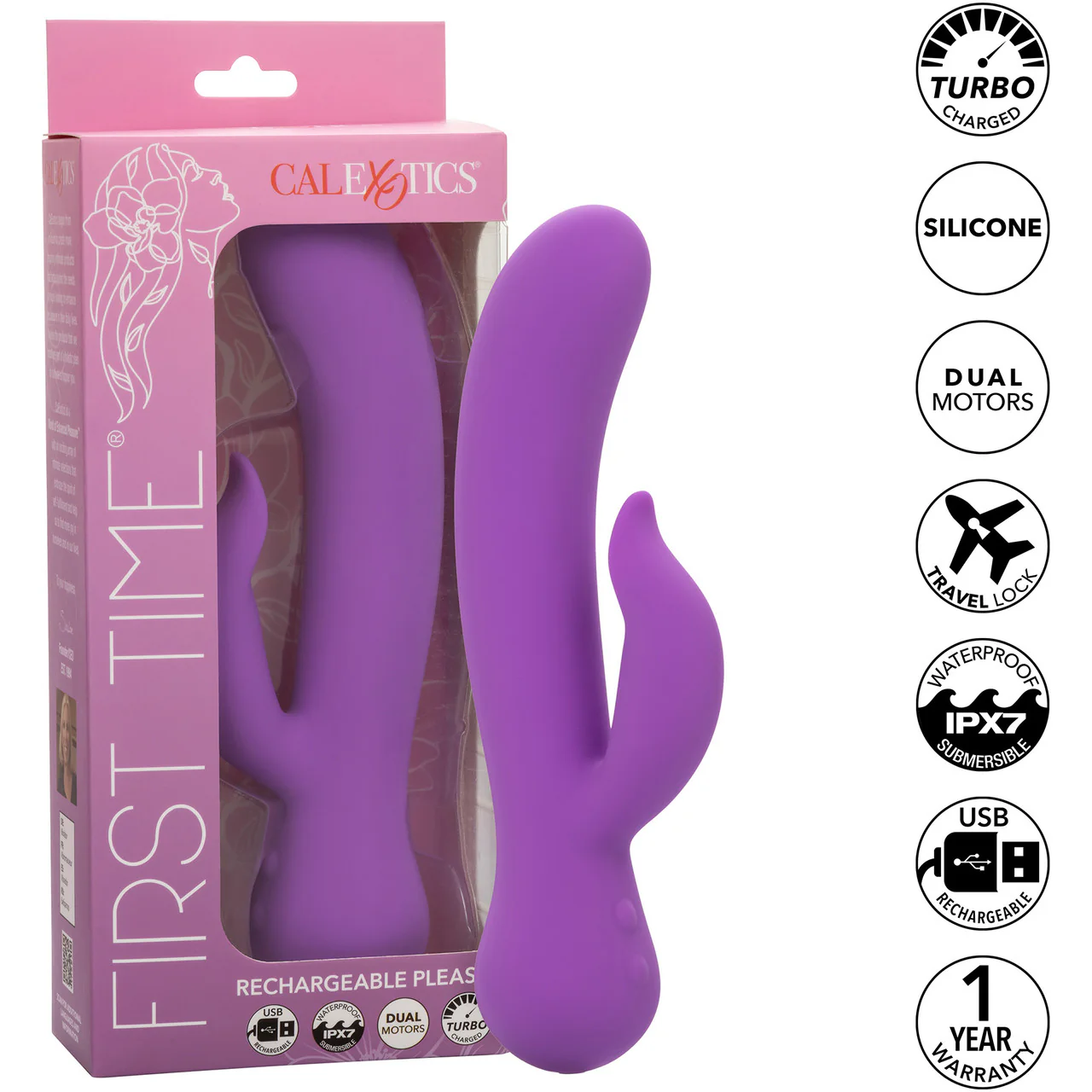 First Time® Rechargeable Pleaser Waterproof Silicone Dual Stimulation Vibrator By CalExotics - Purple - Image 9