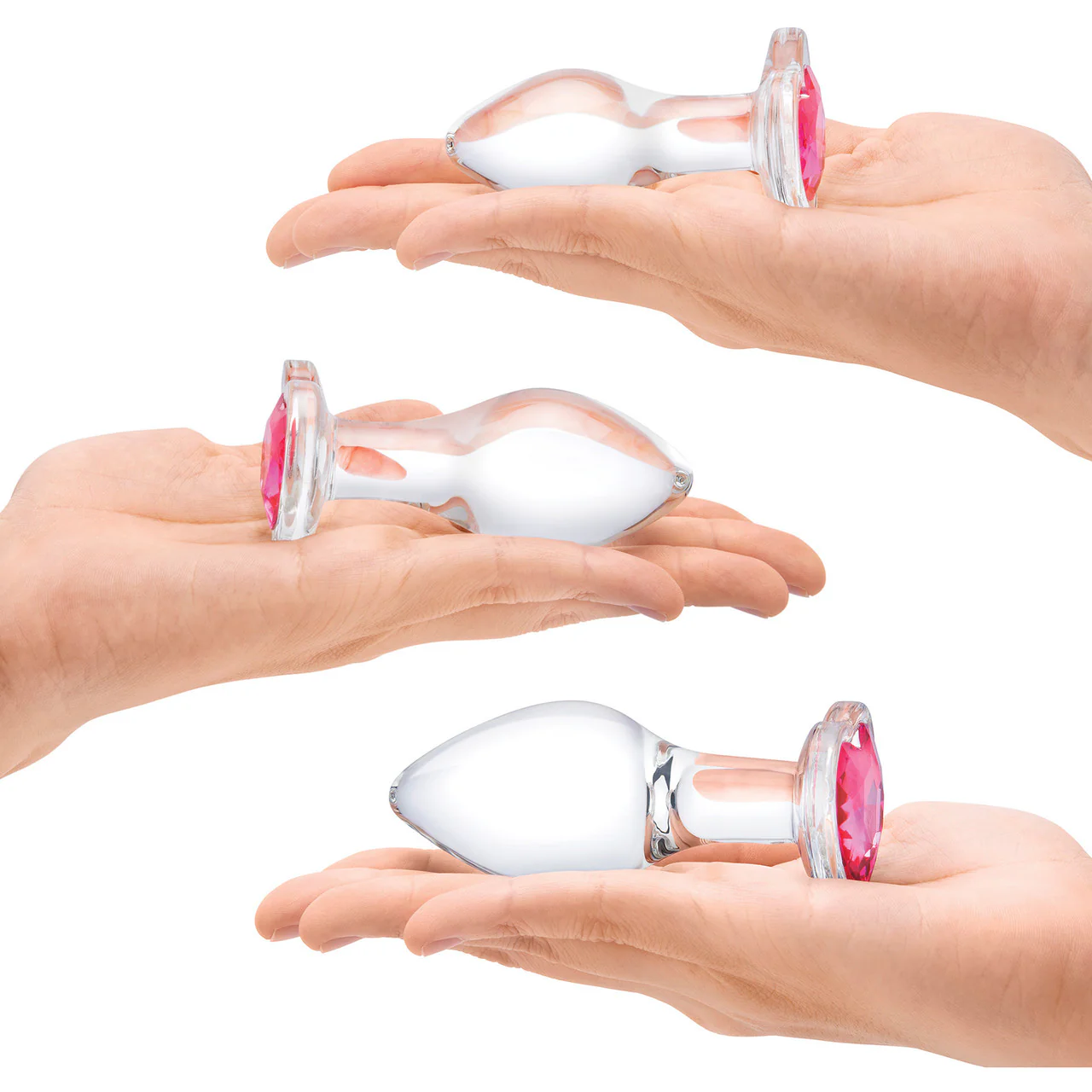Gläs Heart Jewel Glass Butt Plug 3 Piece Anal Training Set - Clear With Pink Jewel - Image 2
