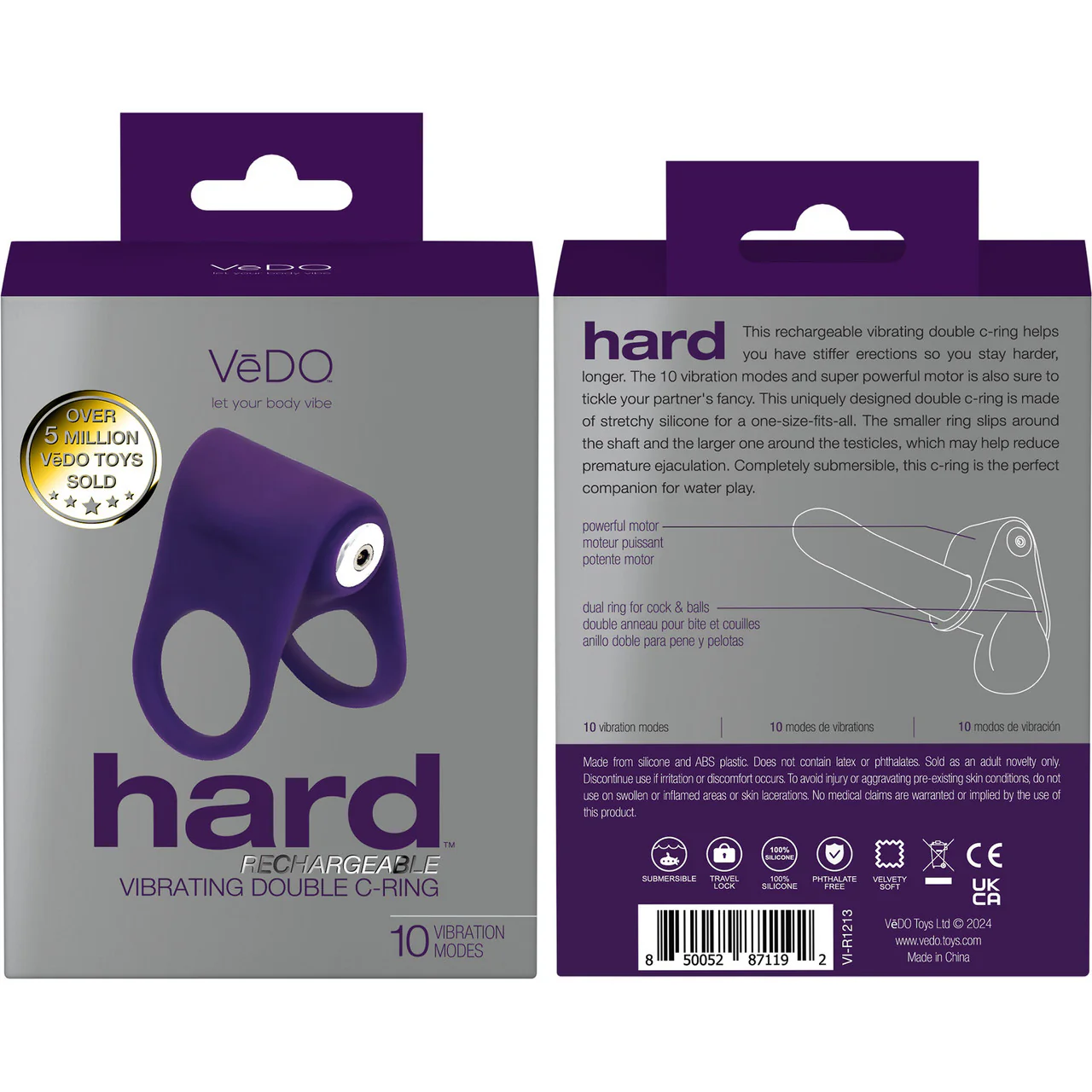 HARD Rechargeable Waterproof Silicone Vibrating Double C-Ring By VeDO - Purple - Image 4