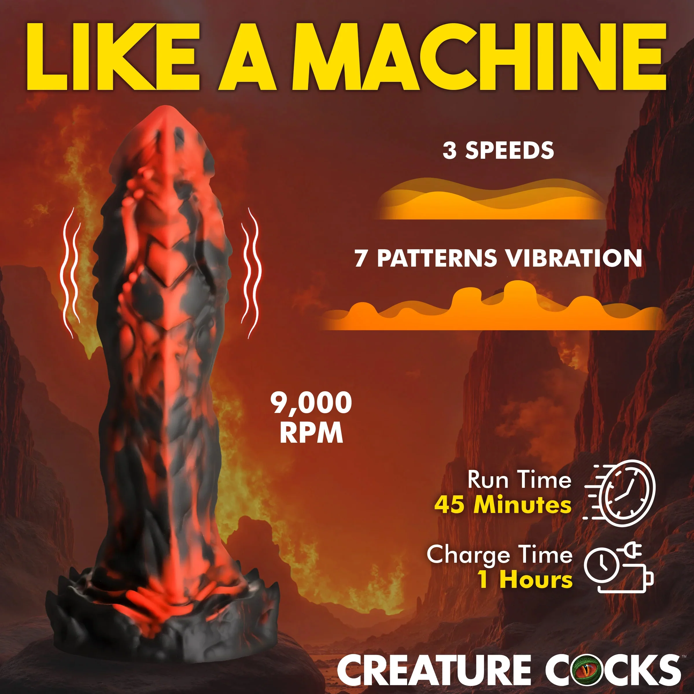 Inferno Cock 7.8" Vibrating Silicone Suction Cup Dildo With Remote By Creature Cocks - Image 4
