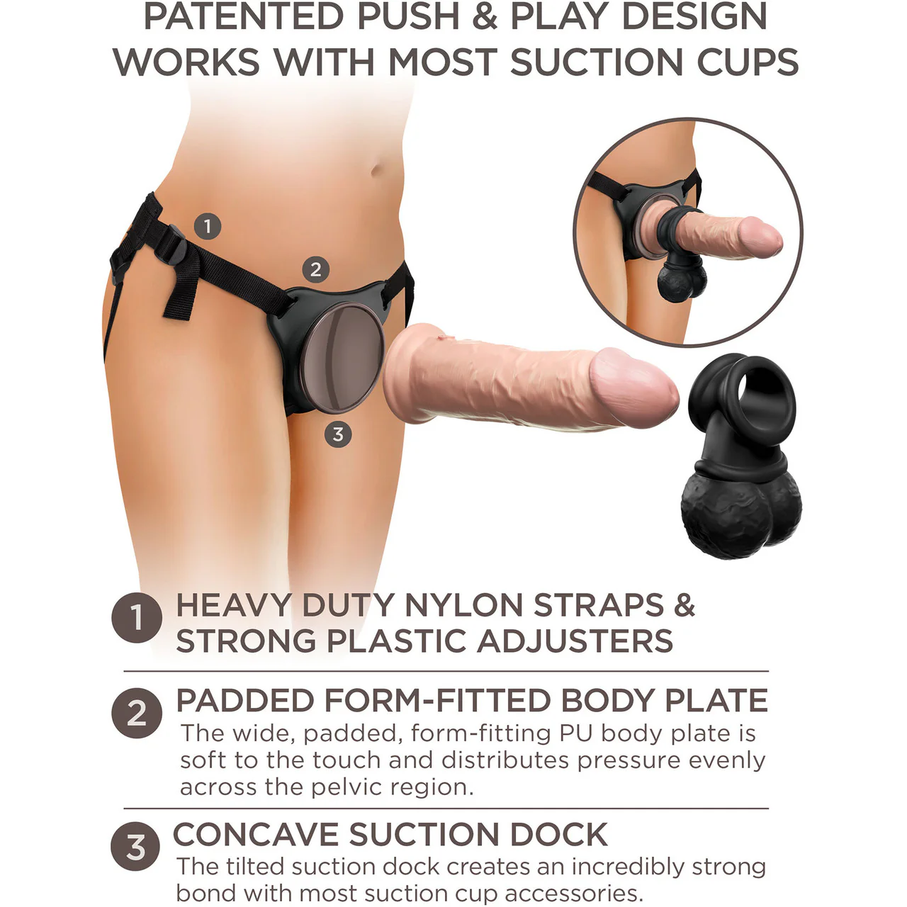 King Cock Elite Deluxe Body Dock Strap-On Kit With Swinging Crown Jewels & Silicone 8 Inch Dildo - Vanilla - Image 10