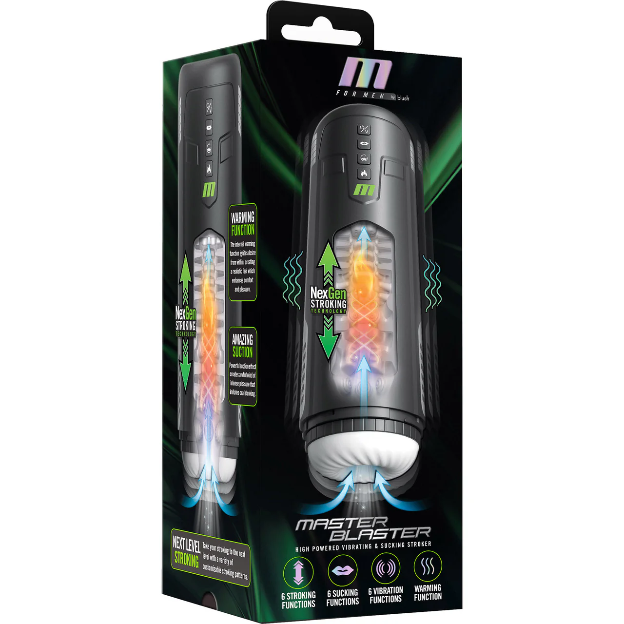 M For Men Master Blaster Rechargeable Warming, Stroking, Sucking, & Vibrating Penis Masturbator - Image 11