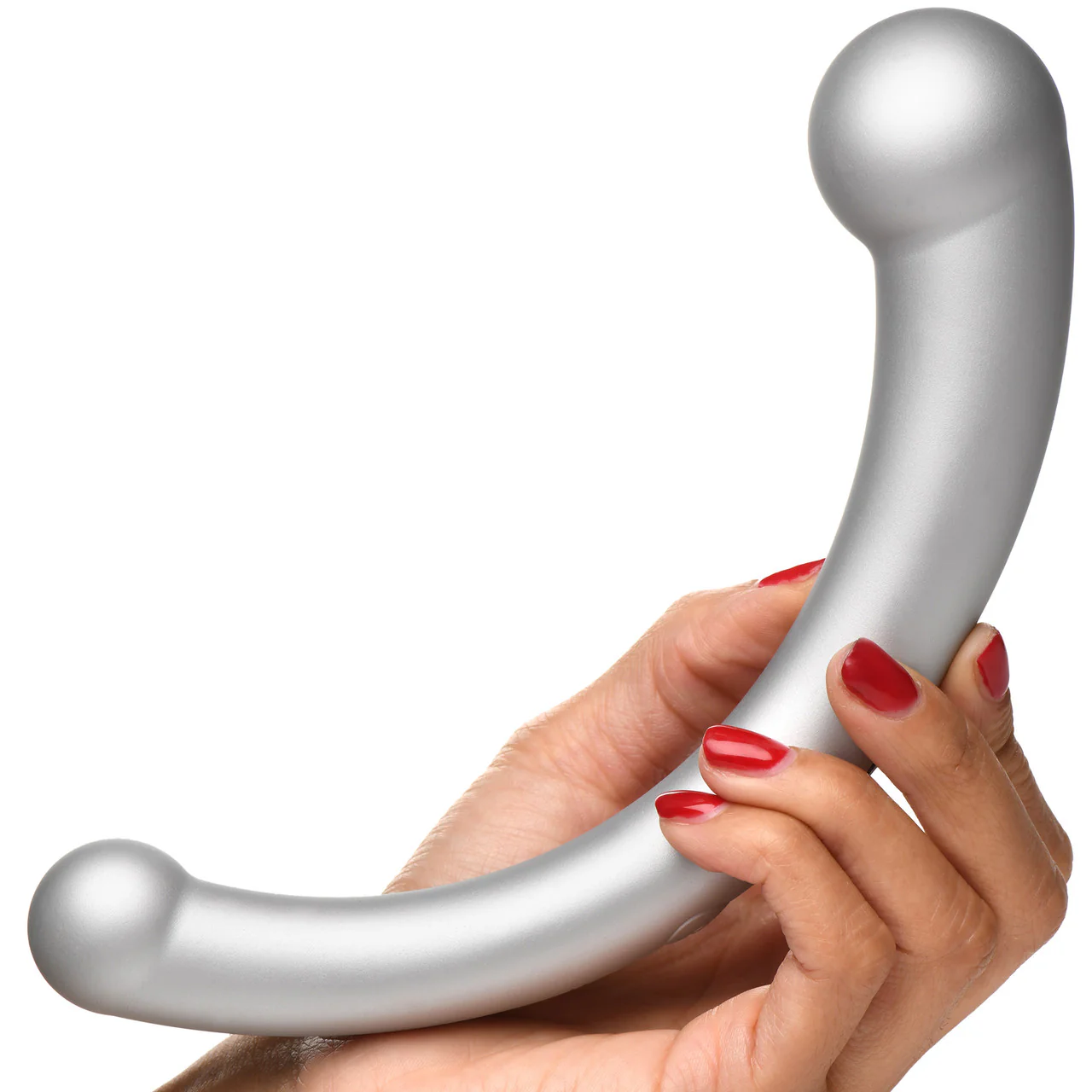 Master Series Vibra-Crescent Rechargeable Silicone Vibrating Dual Ended Dildo - Silver - Image 4