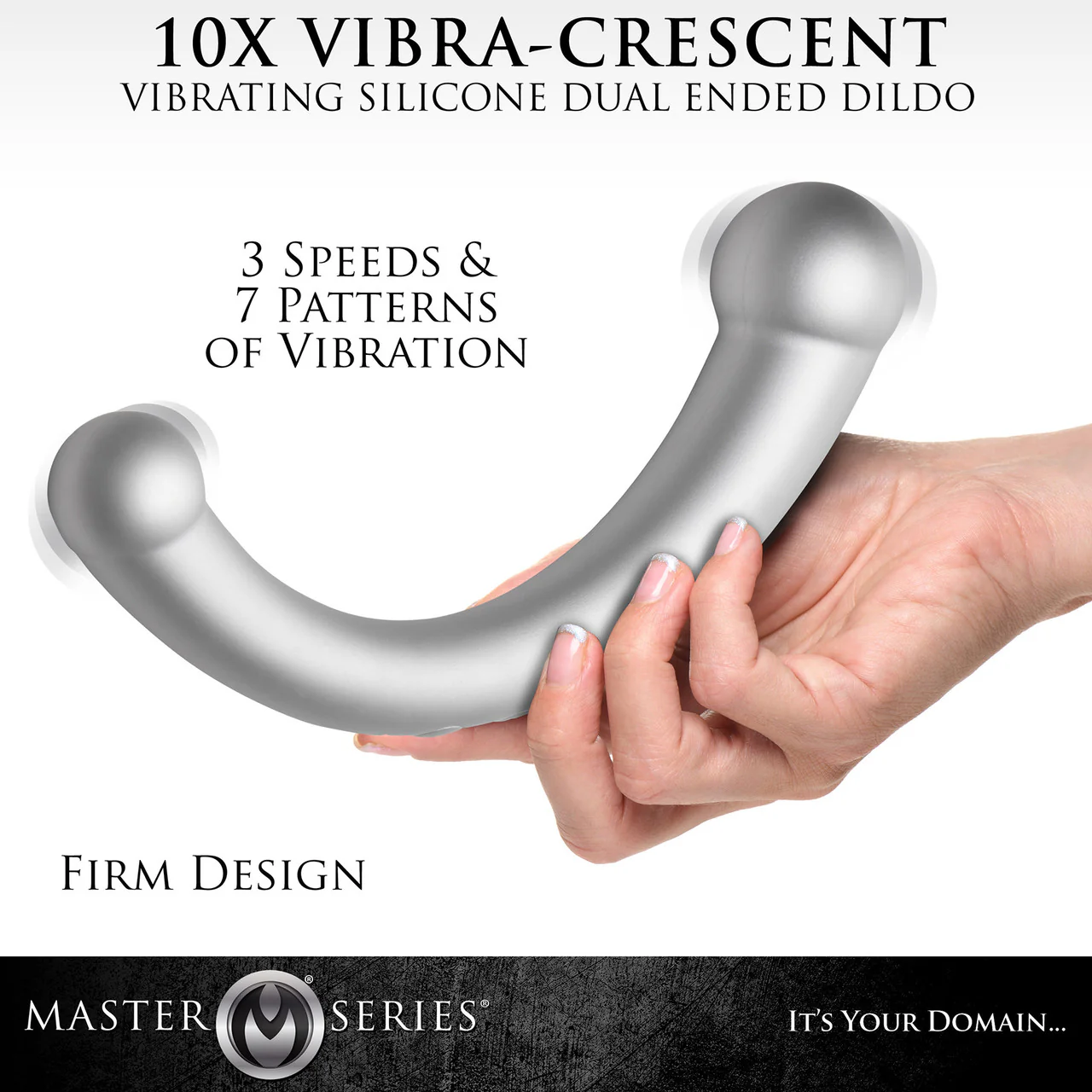 Master Series Vibra-Crescent Rechargeable Silicone Vibrating Dual Ended Dildo - Silver - Image 5