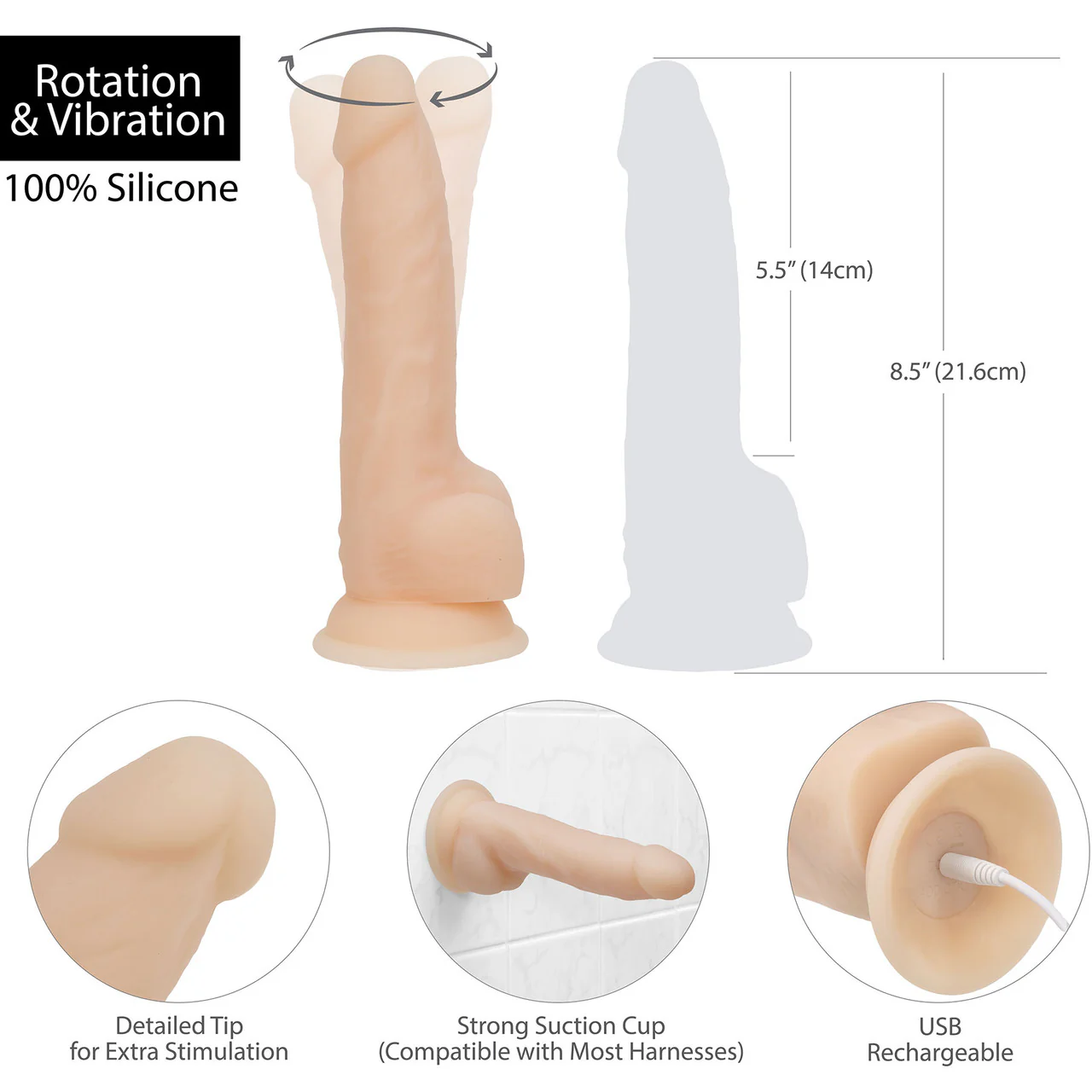 Naked Addiction Rotating & Vibrating 8" Silicone Suction Cup Dildo With Balls & Remote - Vanilla - Image 6