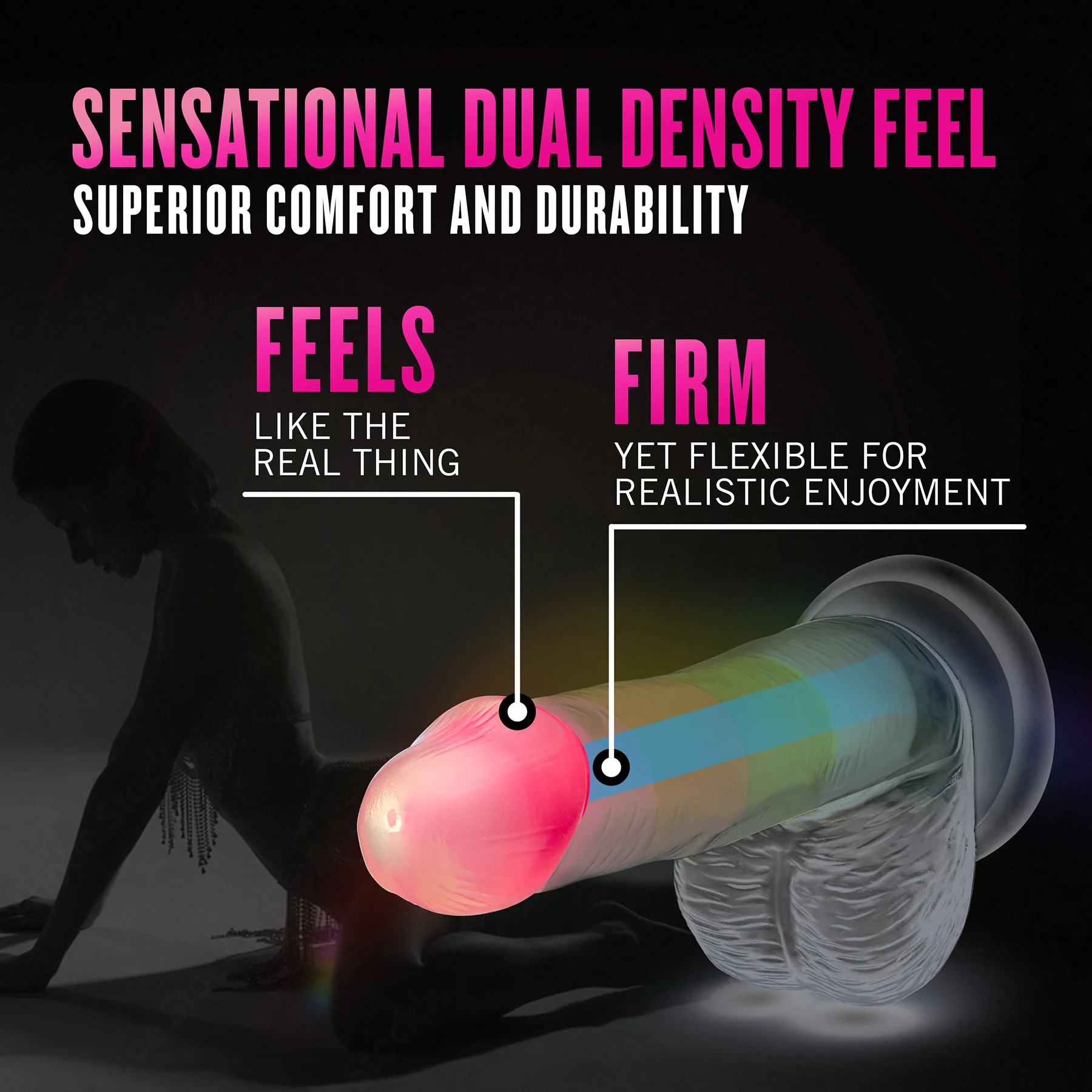 Neo Elite 6.5" Glow In The Dark Silicone Dual Density Dildo With Suction Cup & Balls By Blush - Rainbow Rave - Image 4