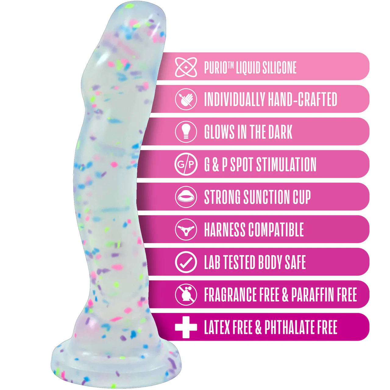 Neo Elite Hanky Panky Glow In The Dark 7.75" Silicone Suction Cup Dildo by Blush - Confetti - Image 11