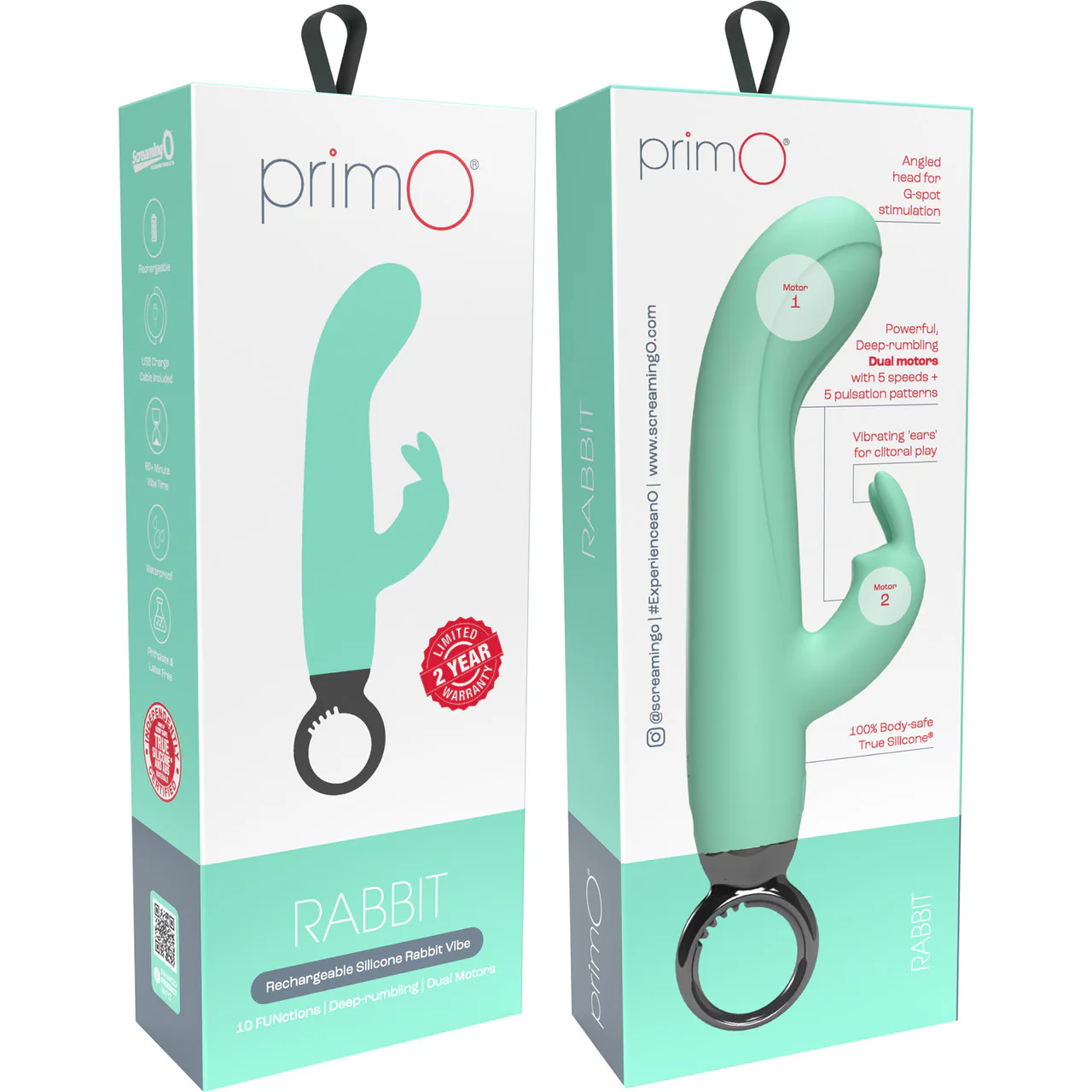 PrimO Rabbit Rechargeable Silicone Dual Stimulation Vibrator By Screaming O - Kiwi Mint - Image 4