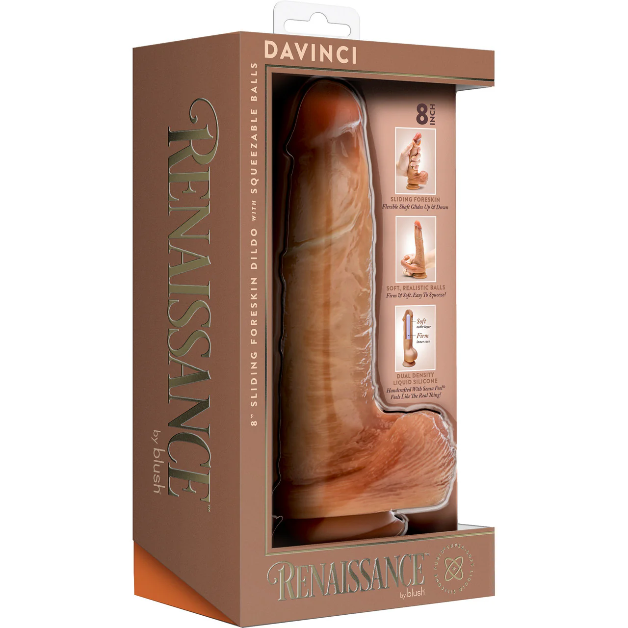 Renaissance DaVinci 8" Dual Density Sliding Foreskin Suction Cup Dildo With Squeezable Balls - Caramel - Image 4