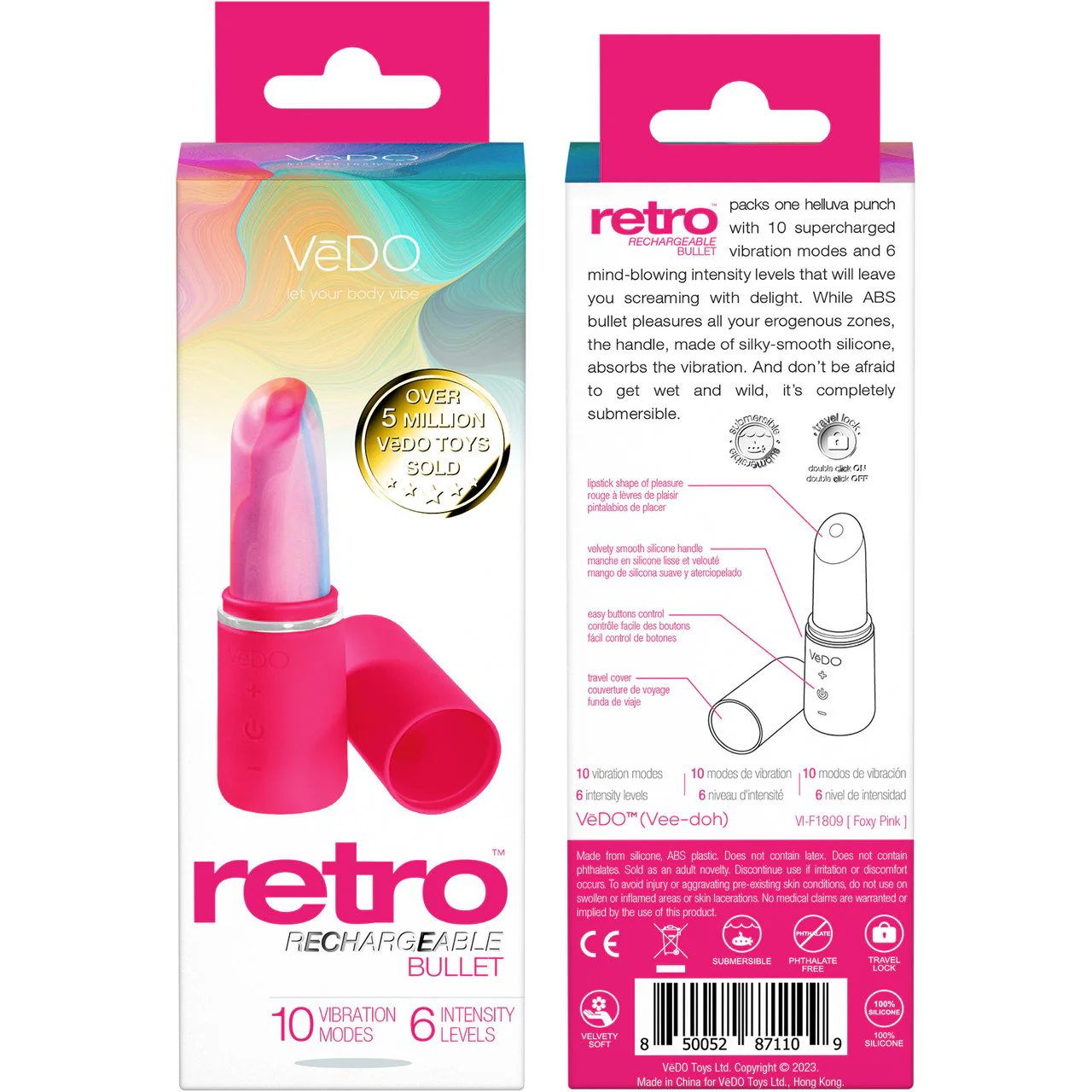 Retro Lipstick Rechargeable Waterproof Silicone Bullet Vibrator By VeDO - Foxy Pink - Image 4