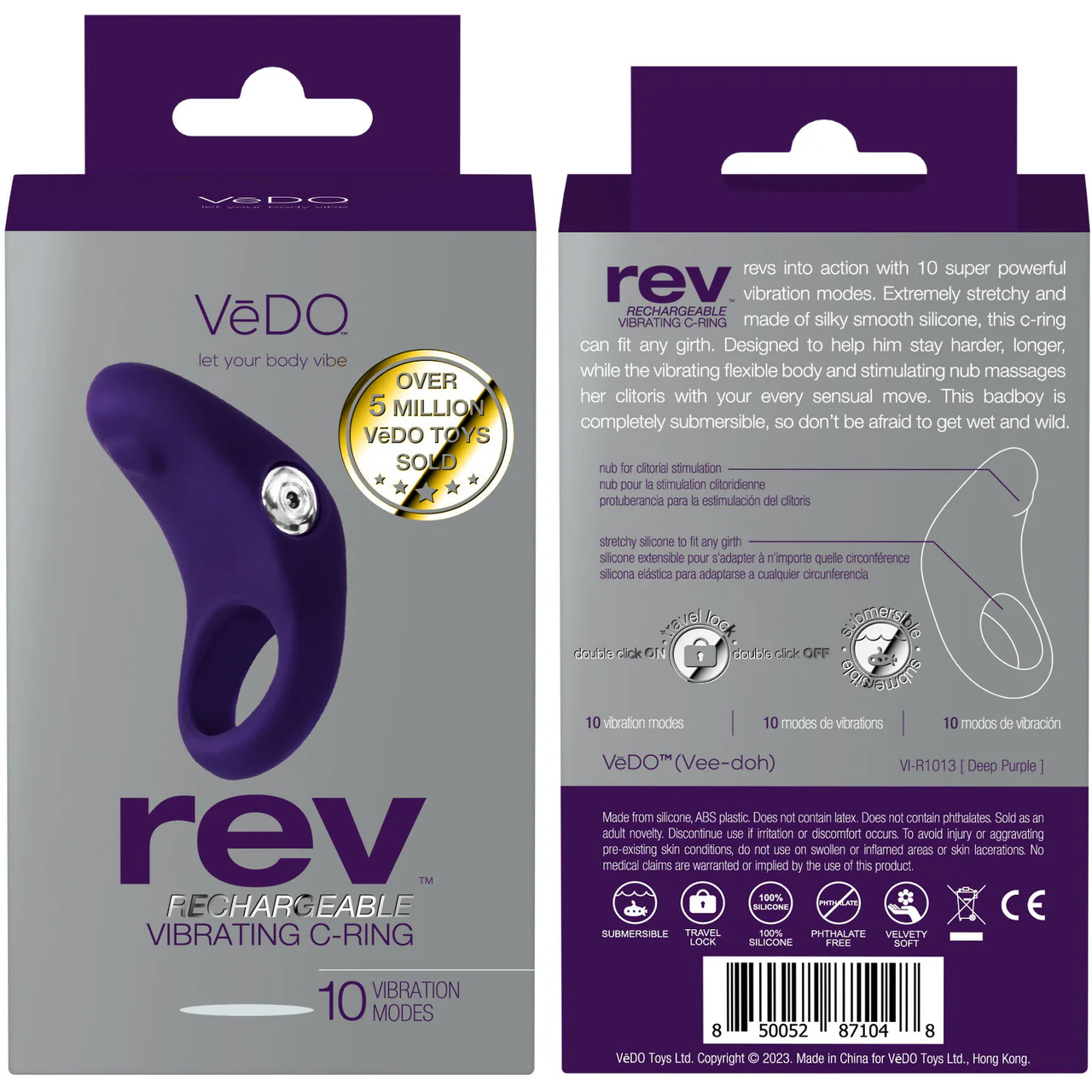 Rev Silicone Rechargeable Waterproof Vibrating Cock Ring By VeDO - Deep Purple - Image 4