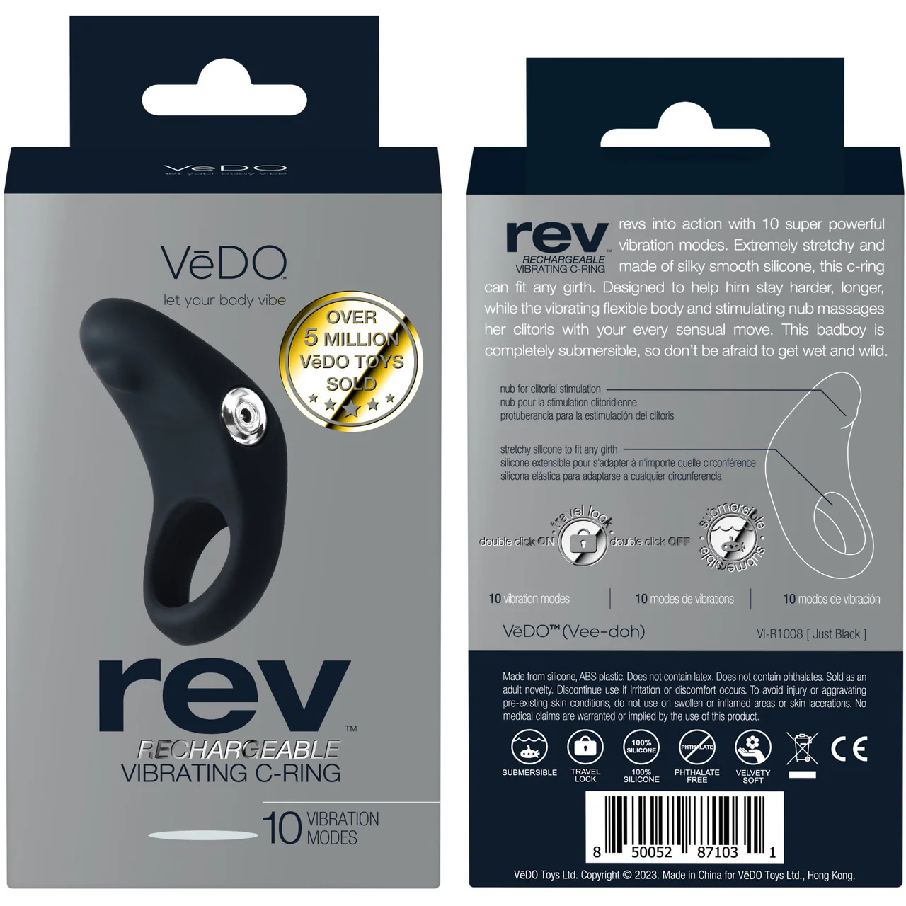 Rev Silicone Rechargeable Waterproof Vibrating Cock Ring By VeDO - Just Black - Image 4