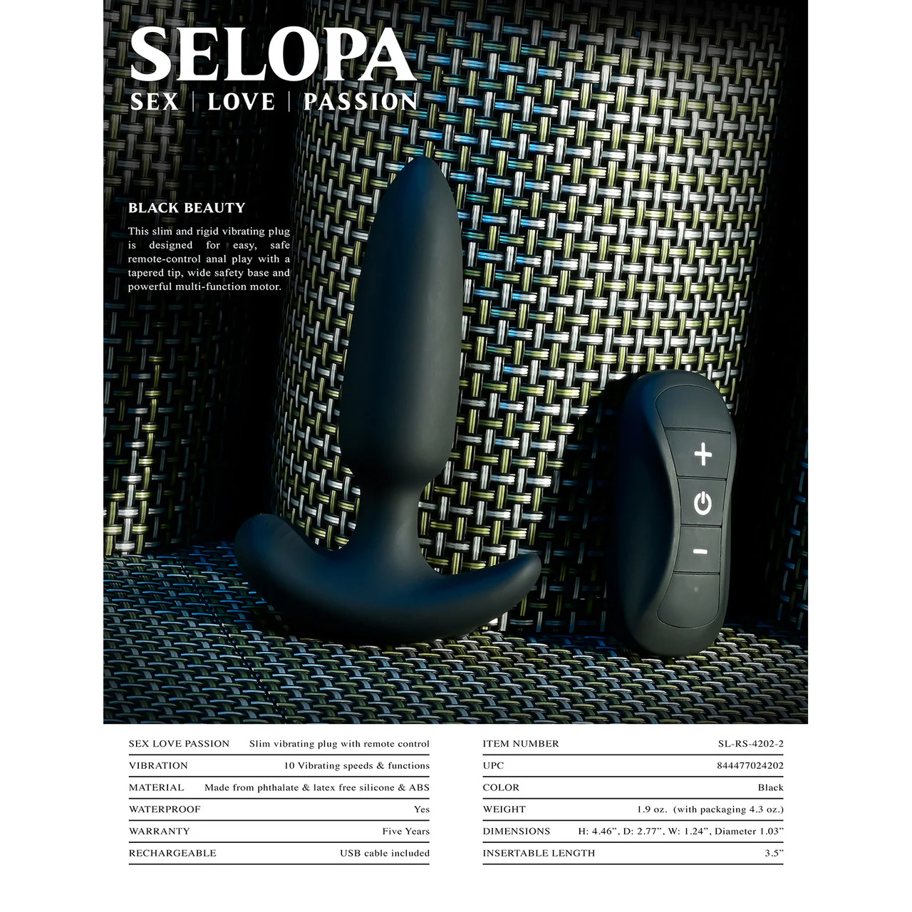 Selopa Black Beauty Rechargeable Waterproof Silicone Vibrating Butt Plug With Remote - Image 12