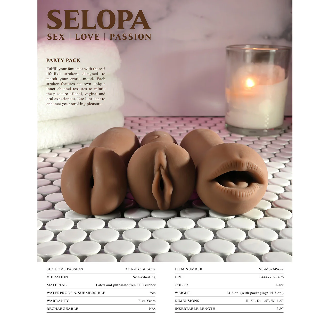 Selopa Party Pack 3-Piece Oral, Vaginal & Anal Penis Strokers - Chocolate - Image 17