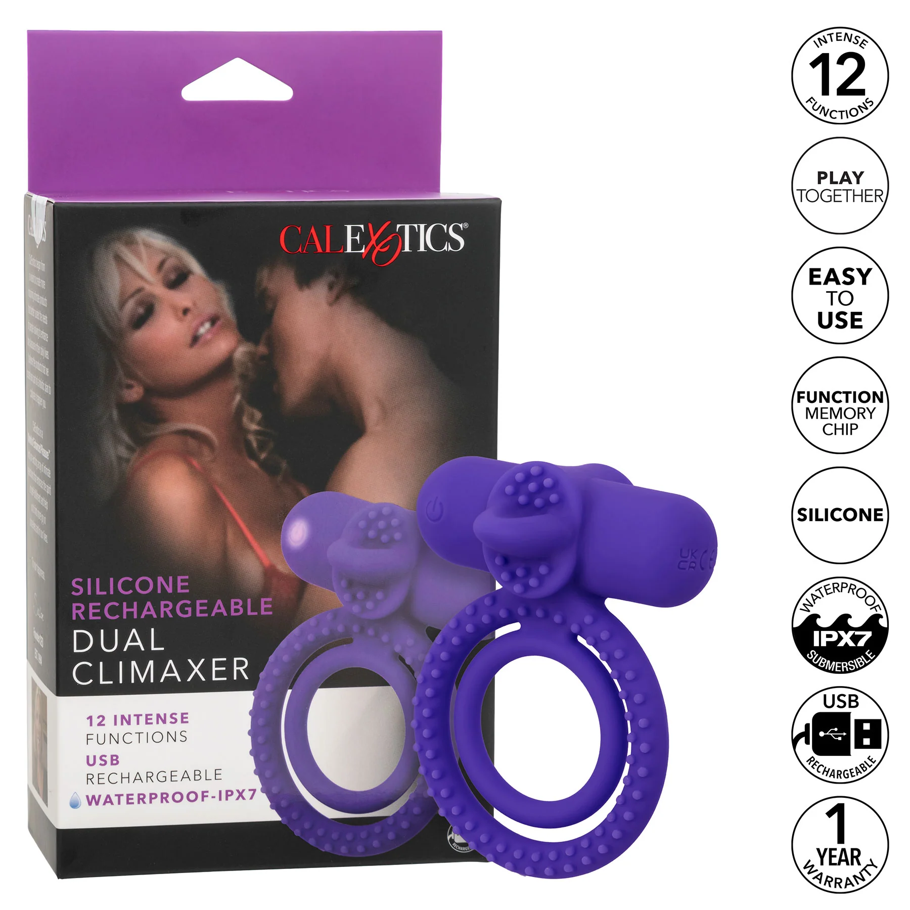 Silicone Rechargeable Dual Climaxer Vibrating Cock Ring By CalExotics - Image 10