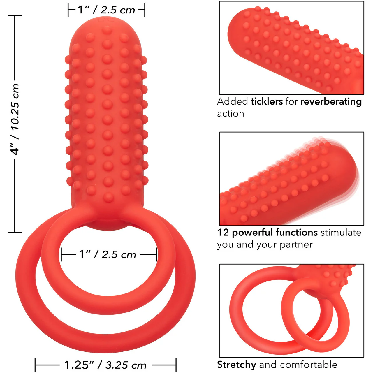 Silicone Rechargeable Vertical Dual Enhancer Vibrating Cock Ring By CalExotics - Red - Image 11