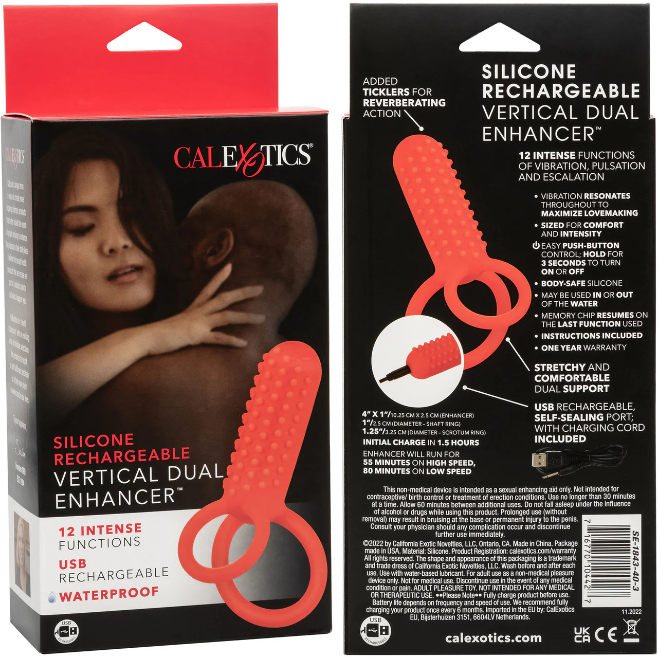 Silicone Rechargeable Vertical Dual Enhancer Vibrating Cock Ring By CalExotics - Red - Image 12