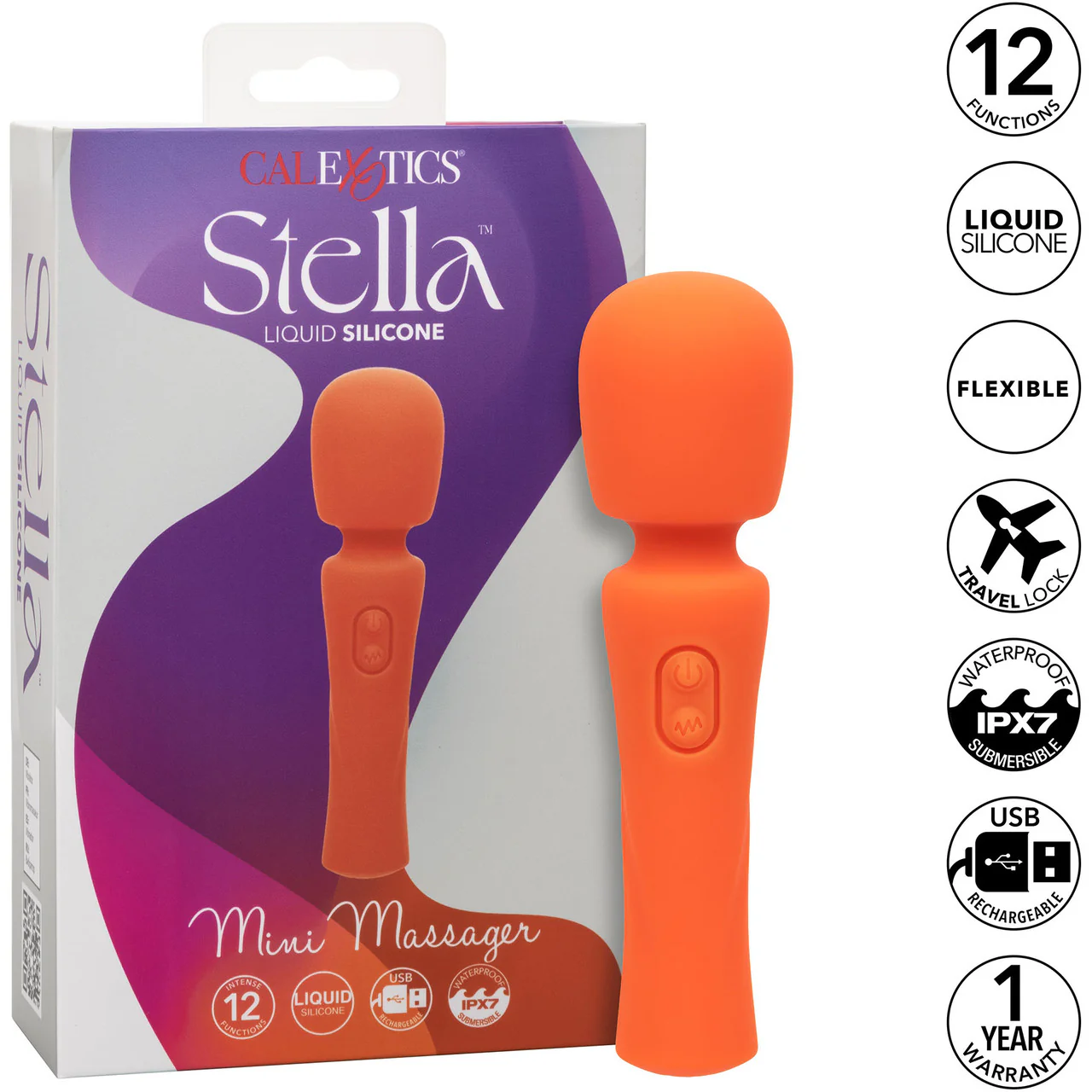 Stella Liquid Silicone Mini Massager Rechargeable Waterproof Wand Style Vibrator By CalExotics - Orange - Image 10