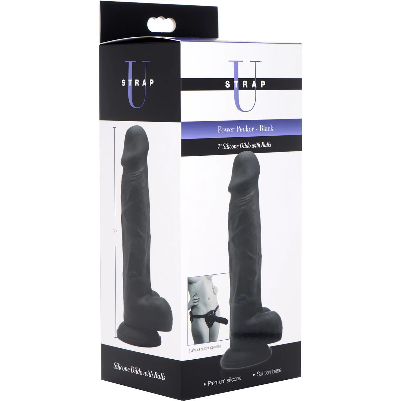 Strap U Power Pecker 7" Silicone Suction Cup Dildo With Balls - Black - Image 12