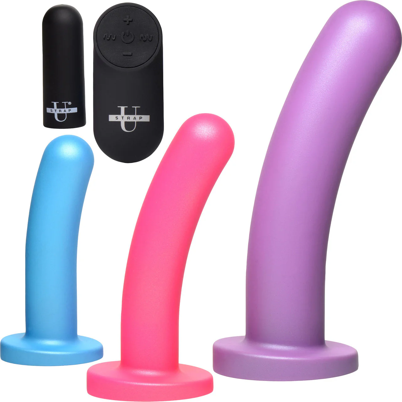 Strap U Triple Peg 28X Vibrating Rechargeable 5 Piece Silicone Dildo Set With Remote - Image 5