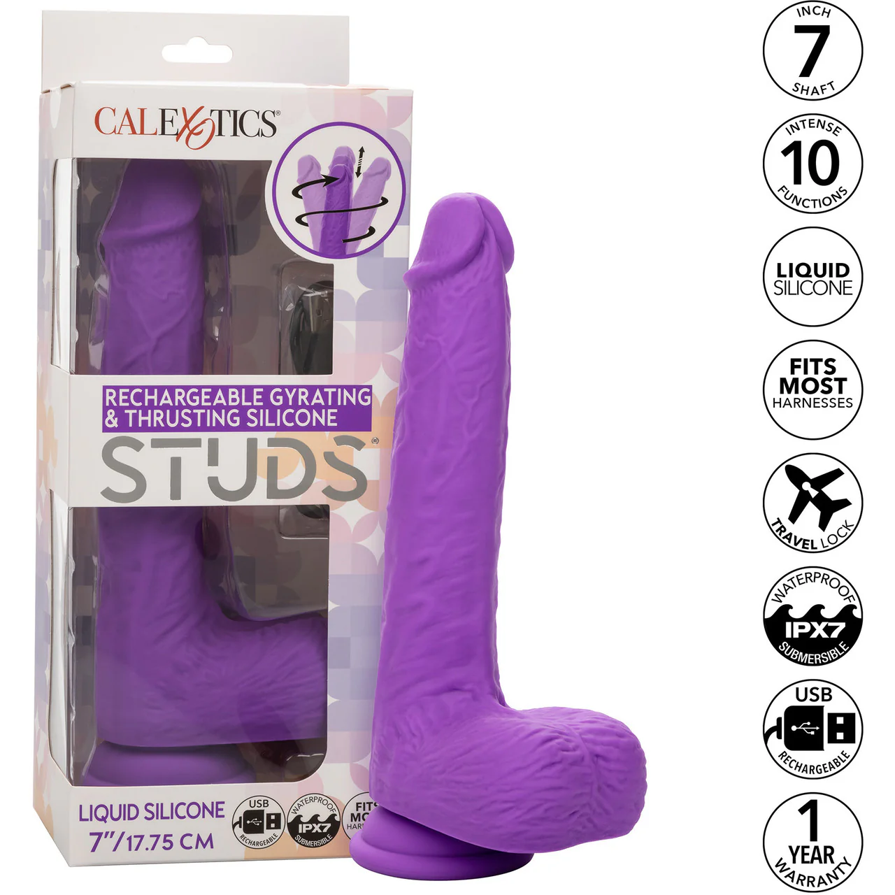 Studs 7" Rechargeable Gyrating & Thrusting Silicone Suction Cup Dildo With Balls By CalExotics - Purple - Image 9