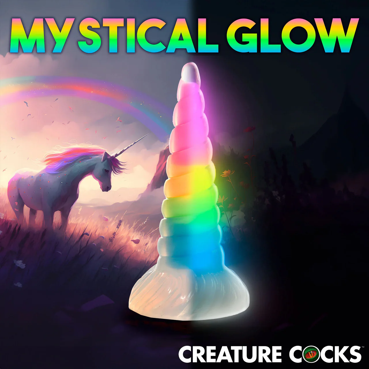 Uni-Glow 8" Glow In The Dark Rainbow Silicone Suction Cup Dildo By Creature Cocks - Image 11