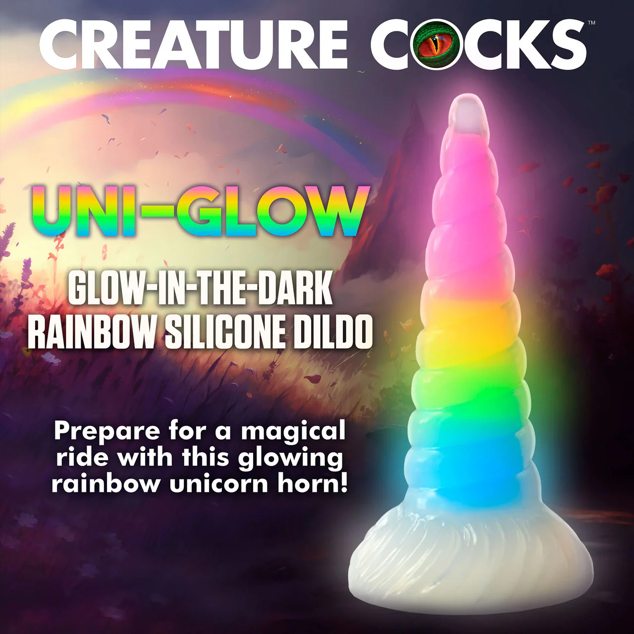 Uni-Glow 8" Glow In The Dark Rainbow Silicone Suction Cup Dildo By Creature Cocks - Image 12