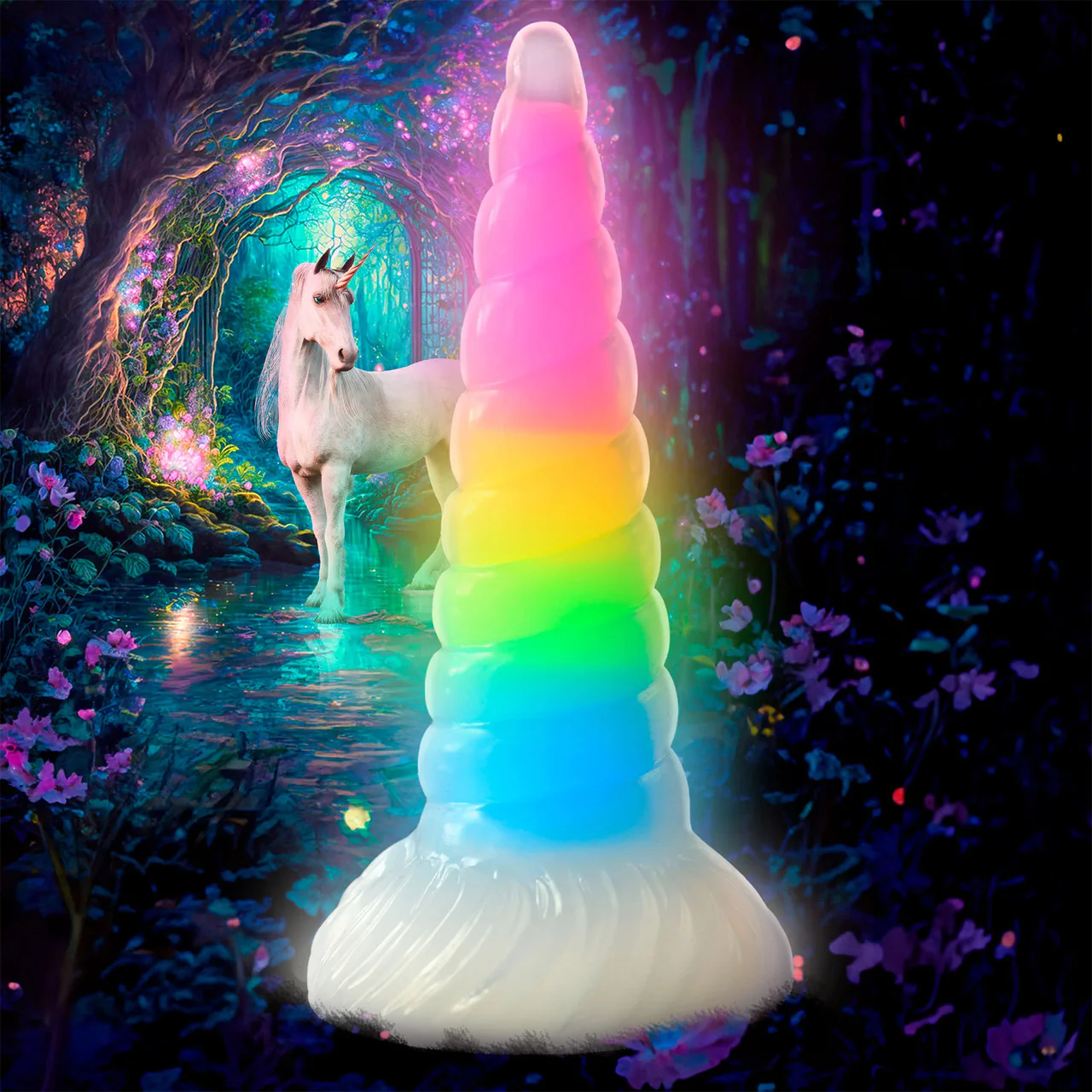 Uni-Glow 8" Glow In The Dark Rainbow Silicone Suction Cup Dildo By Creature Cocks - Image 13