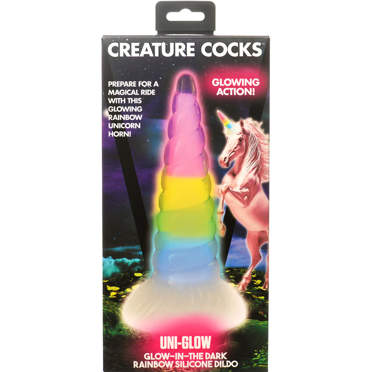 Uni-Glow 8" Glow In The Dark Rainbow Silicone Suction Cup Dildo By Creature Cocks - Image 14