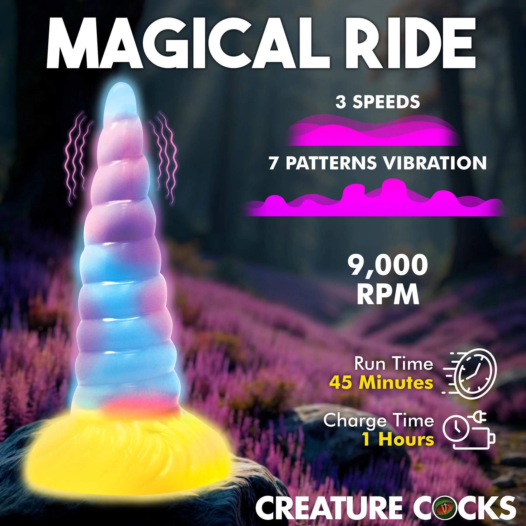 Unicorn Glow-in-the-Dark Vibrating Silicone Dildo With Remote By Creature Cocks - Image 2